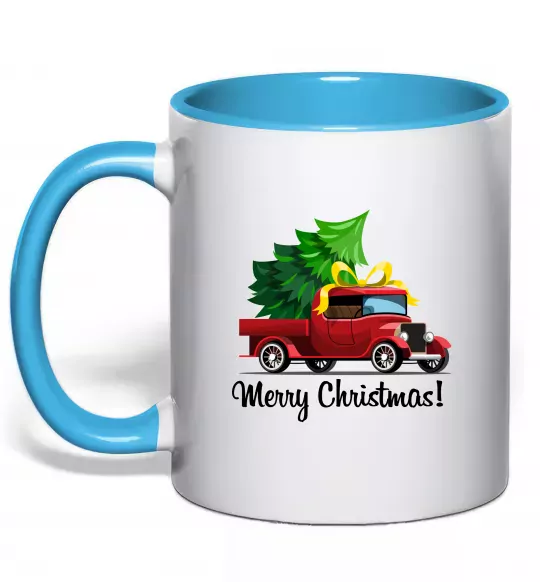 Чашка з кольоровою ручкою Пікап з ялинкою Блакитний фото