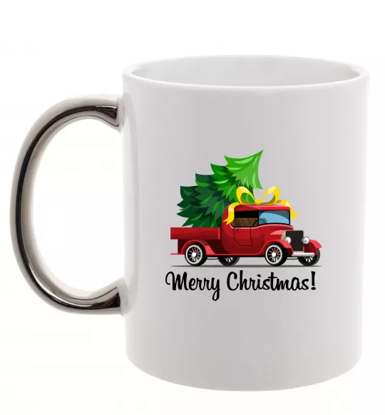 Чашка з кольоровою ручкою Пікап з ялинкою Срібло фото