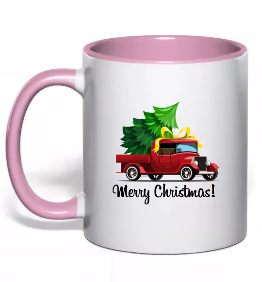 Чашка з кольоровою ручкою Пікап з ялинкою Ніжно рожевий фото