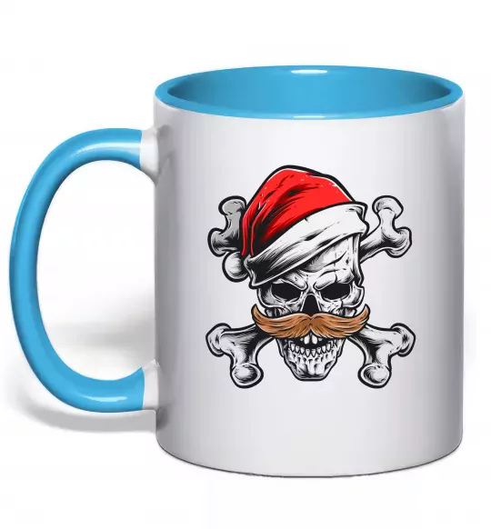 Чашка с цветной ручкой Новорічний череп Голубой фото