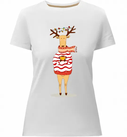 Жіноча преміум футболка Новорічний Олень Білий фото