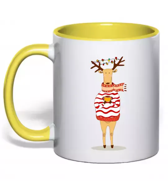 Чашка з кольоровою ручкою Новорічний Олень Сонячно жовтий фото