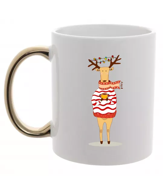 Чашка з кольоровою ручкою Новорічний Олень Золото фото