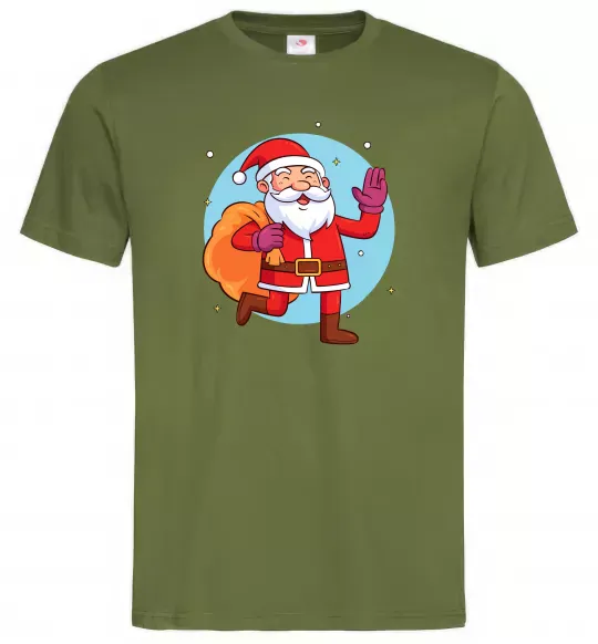 Мужская футболка Санта з мішком Оливковый фото