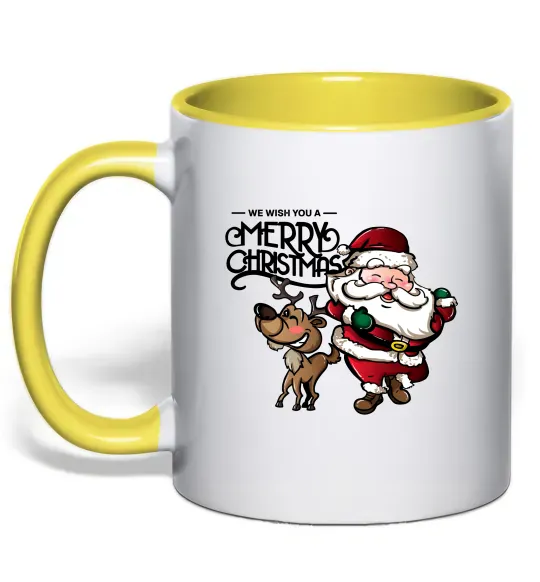 Чашка с цветной ручкой Санта з оленем Солнечно желтый фото