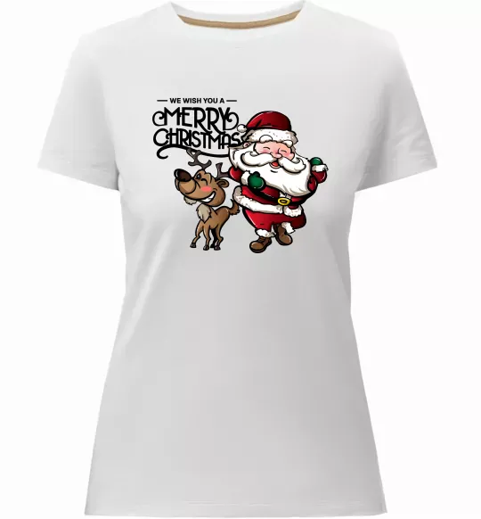 Женская премиум футболка Санта з оленем Белый фото