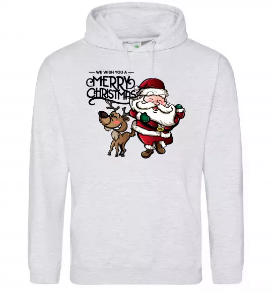 Мужская толстовка (худи) Санта з оленем Серый меланж фото