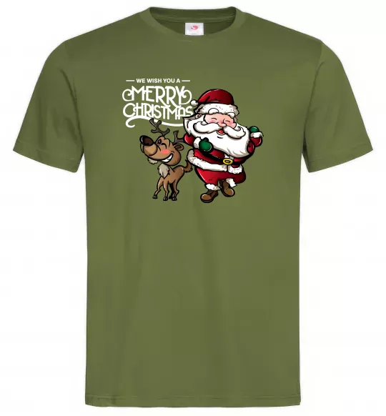 Мужская футболка Санта з оленем Оливковый фото
