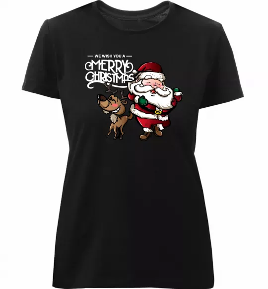 Женская премиум футболка Санта з оленем Черный фото