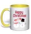 Чашка с цветной ручкой Happy Christmas сніговики Солнечно желтый Чашка с цветной ручкой Happy Christmas сніговики Солнечно желтый фото