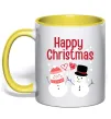 Чашка з кольоровою ручкою Happy Christmas сніговики Лимонний фото