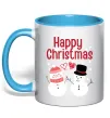 Чашка с цветной ручкой Happy Christmas сніговики Голубой Чашка с цветной ручкой Happy Christmas сніговики Голубой фото
