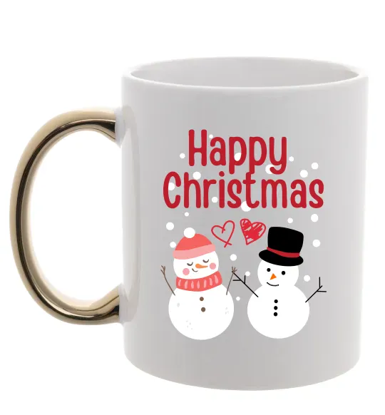 Чашка с цветной ручкой Happy Christmas сніговики Золото фото