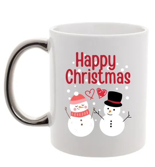 Чашка с цветной ручкой Happy Christmas сніговики Серебро фото