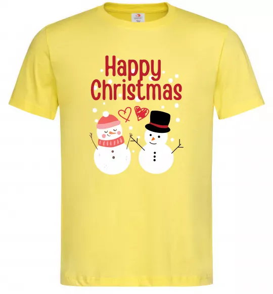 Мужская футболка Happy Christmas сніговики Лимонный фото