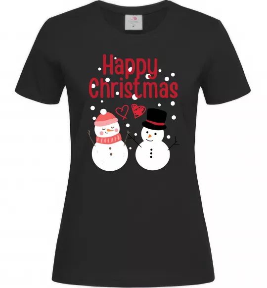 Женская футболка Happy Christmas сніговики Черный фото