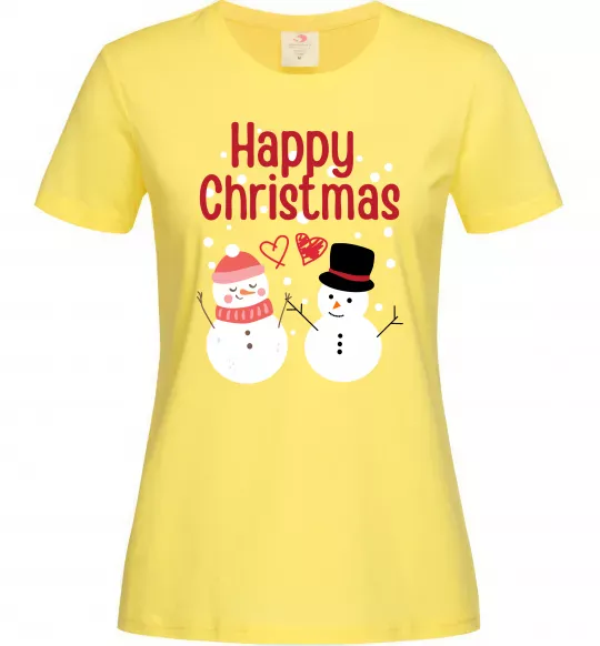 Женская футболка Happy Christmas сніговики Лимонный фото