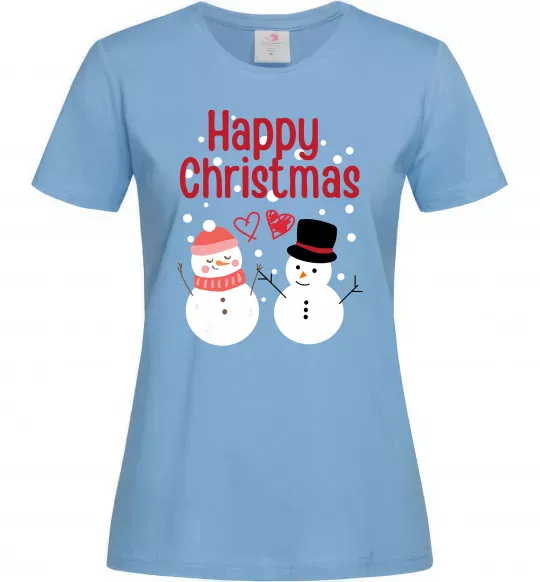 Женская футболка Happy Christmas сніговики Голубой фото