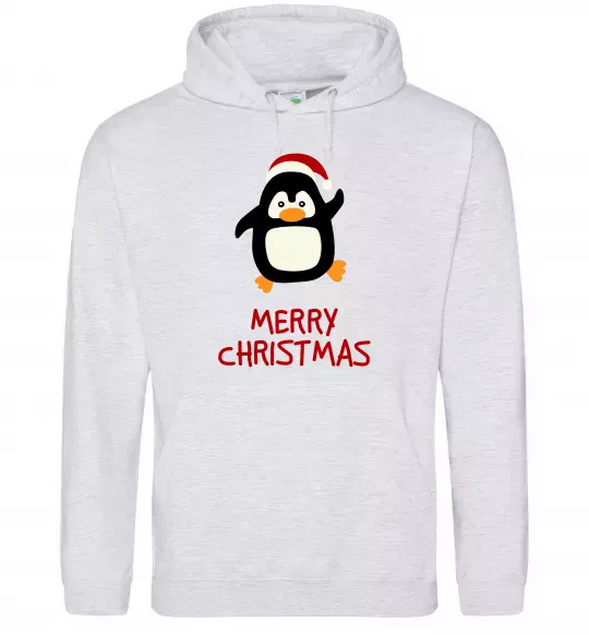 Женская толстовка (худи) Merry Christmas Пінгвін Серый меланж фото