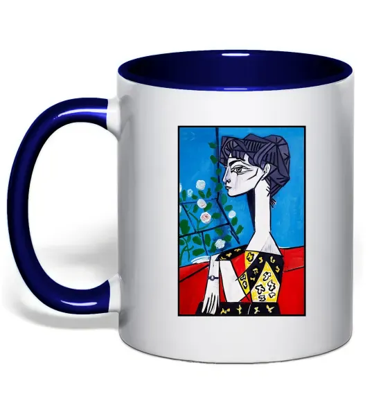 Чашка с цветной ручкой Жаклін із квітами Глубокий темно-синий фото