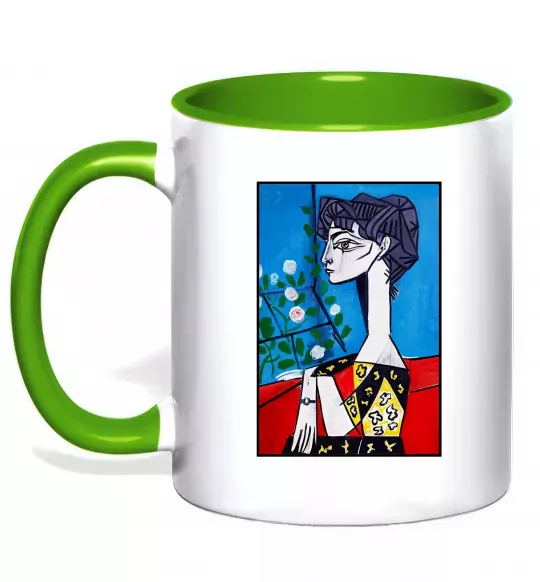 Чашка с цветной ручкой Жаклін із квітами Зеленый фото