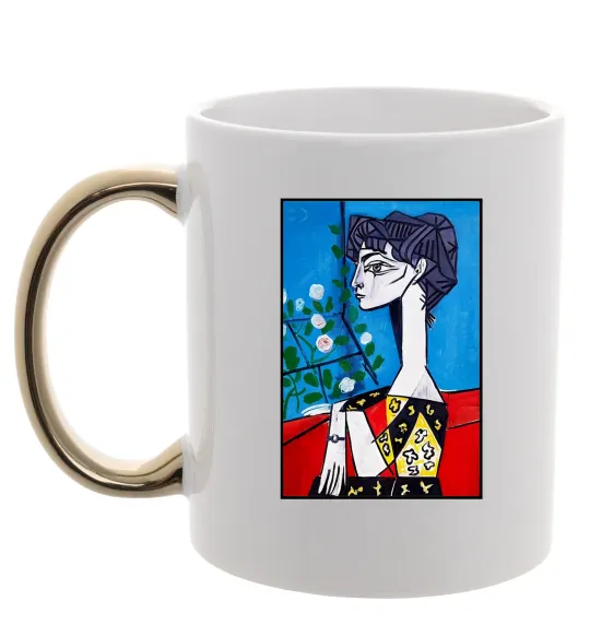 Чашка с цветной ручкой Жаклін із квітами Золото фото