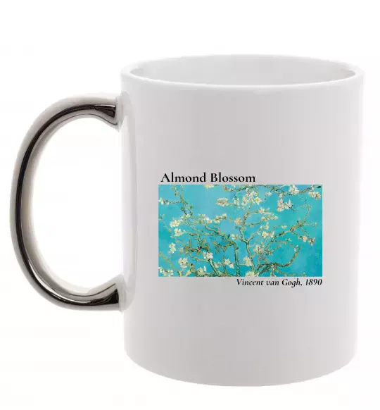 Чашка з кольоровою ручкою Квітучі гілки мигдалю Срібло фото