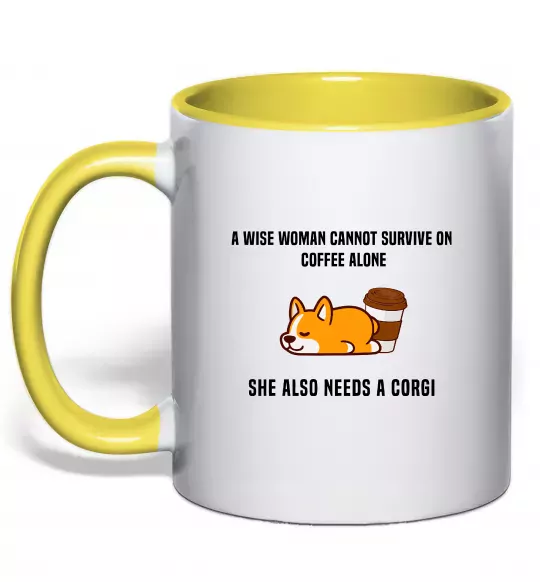 Чашка з кольоровою ручкою Коргі з кавою Сонячно жовтий фото