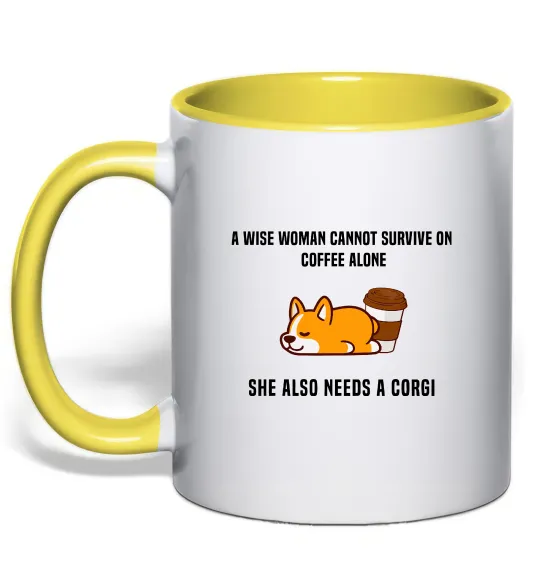 Чашка с цветной ручкой Коргі з кавою Лимонный фото