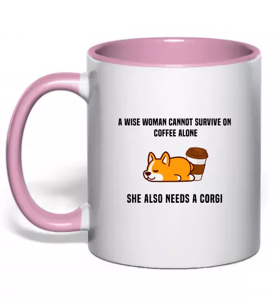 Чашка з кольоровою ручкою Коргі з кавою Ніжно рожевий фото