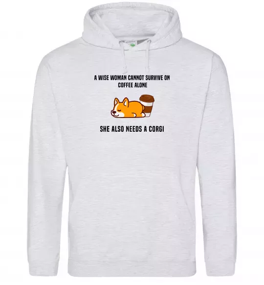 Жіноча толстовка (худі) Коргі з кавою Сірий меланж фото