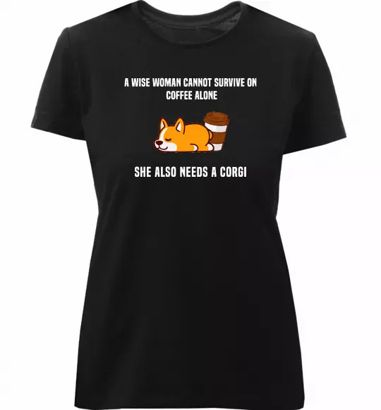Женская премиум футболка Коргі з кавою Черный фото