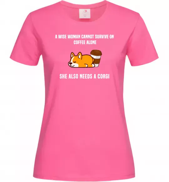 Жіноча футболка Коргі з кавою Яскраво-рожевий фото