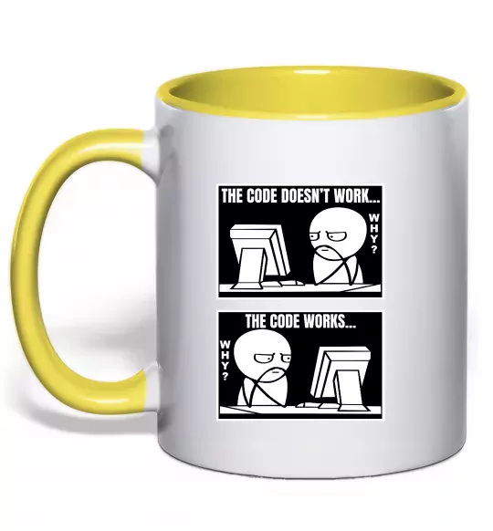 Чашка з кольоровою ручкою Why code work/doesn`t work Сонячно жовтий фото