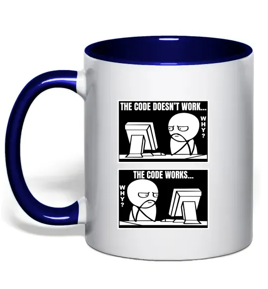 Чашка з кольоровою ручкою Why code work/doesn`t work Глибокий темно-синій фото