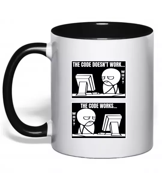 Чашка з кольоровою ручкою Why code work/doesn`t work Чорний фото