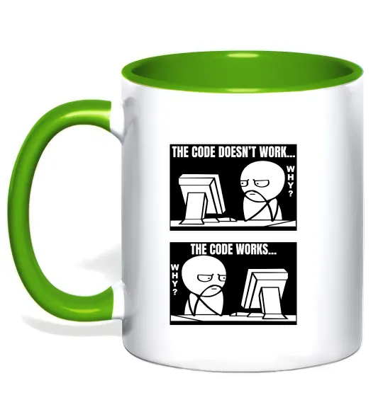 Чашка з кольоровою ручкою Why code work/doesn`t work Лаймовий фото