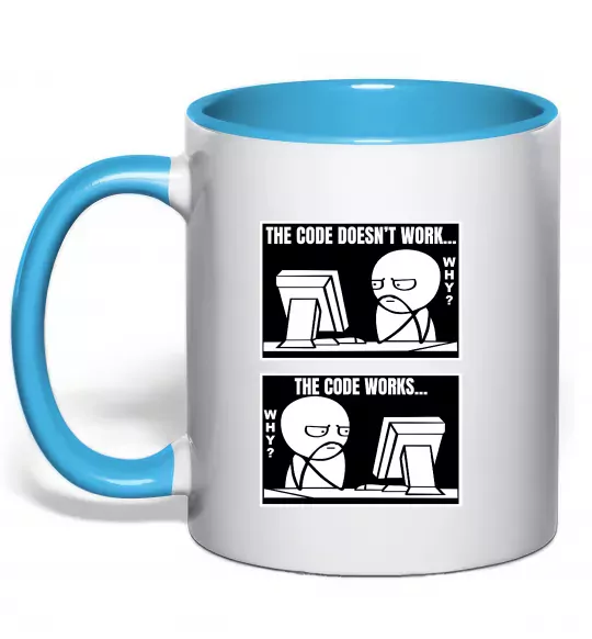 Чашка з кольоровою ручкою Why code work/doesn`t work Блакитний фото