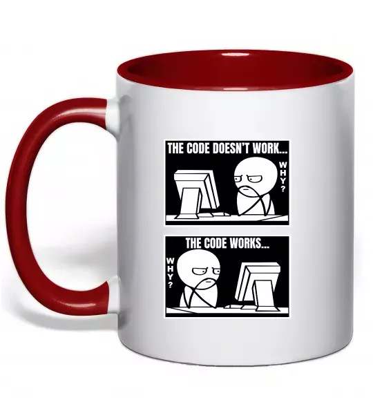 Чашка з кольоровою ручкою Why code work/doesn`t work Червоний фото