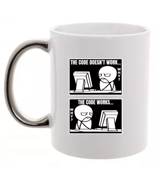 Чашка з кольоровою ручкою Why code work/doesn`t work Срібло фото