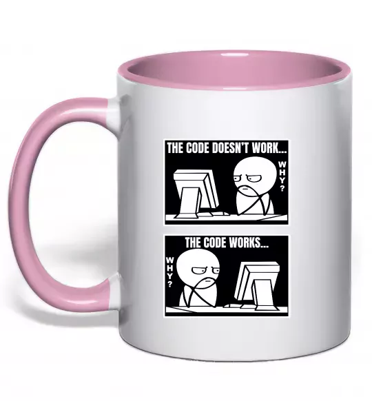 Чашка з кольоровою ручкою Why code work/doesn`t work Ніжно рожевий фото