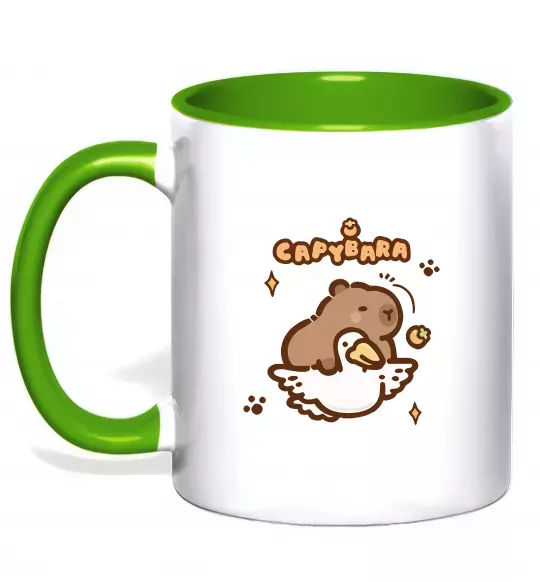 Чашка з кольоровою ручкою Капібара з гусаком Зелений фото