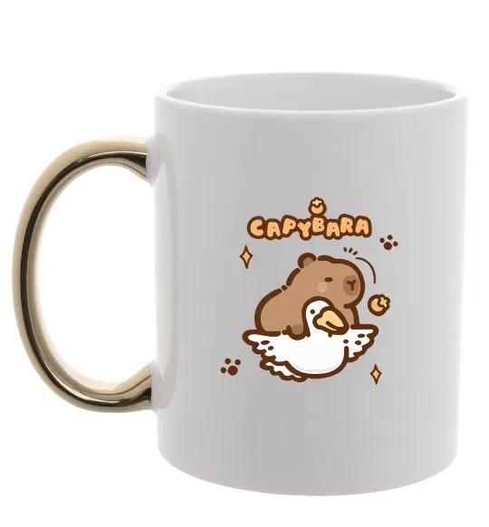 Чашка з кольоровою ручкою Капібара з гусаком Золото фото