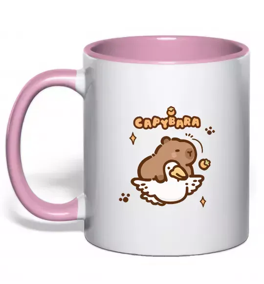 Чашка з кольоровою ручкою Капібара з гусаком Ніжно рожевий фото