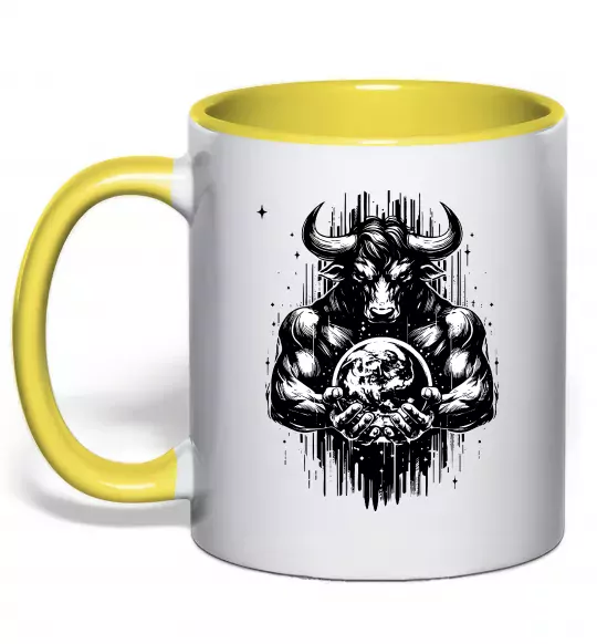 Чашка з кольоровою ручкою Тату мінотавр знак зодіака телець Сонячно жовтий фото
