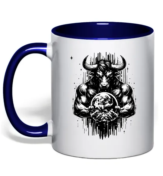 Чашка з кольоровою ручкою Тату мінотавр знак зодіака телець Глибокий темно-синій фото