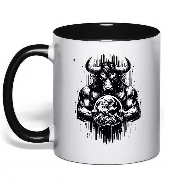 Чашка з кольоровою ручкою Тату мінотавр знак зодіака телець Чорний фото