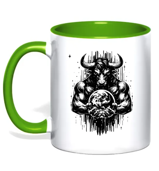 Чашка з кольоровою ручкою Тату мінотавр знак зодіака телець Лаймовий фото