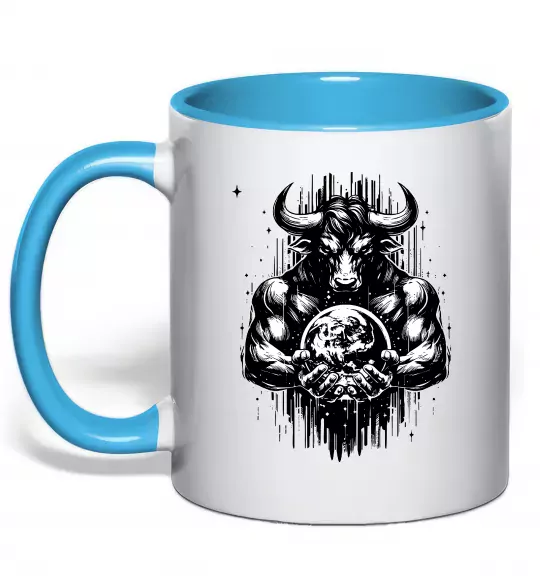 Чашка з кольоровою ручкою Тату мінотавр знак зодіака телець Блакитний фото