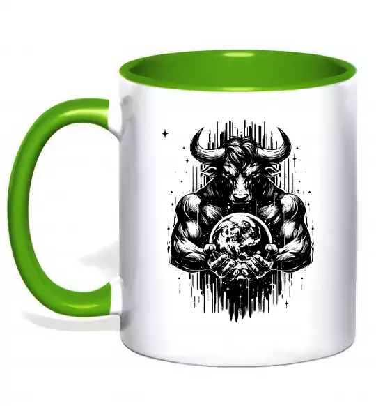 Чашка з кольоровою ручкою Тату мінотавр знак зодіака телець Зелений фото